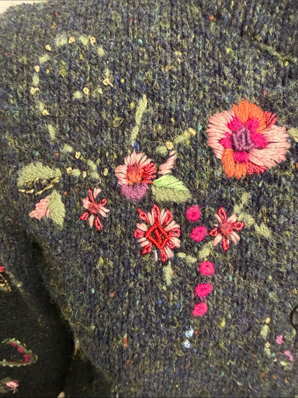 SUSAN BRISTOL LTD. Charcoal Hand Embroidered Floral Wool Blend Cardigan SIZE S - Picture 4 of 16